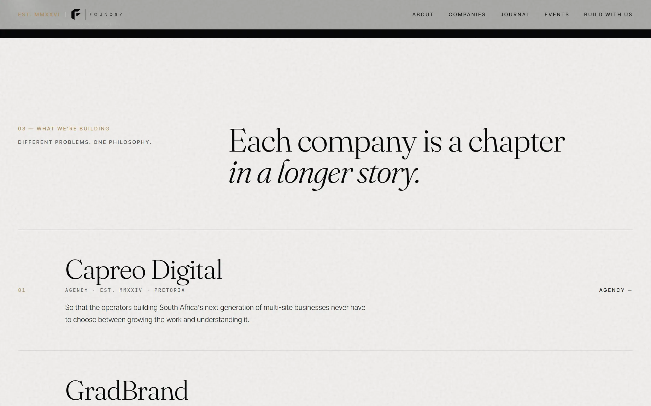 Foundry’s companies index — Capreo Digital and GradBrand, each with the problem it exists to solve.
