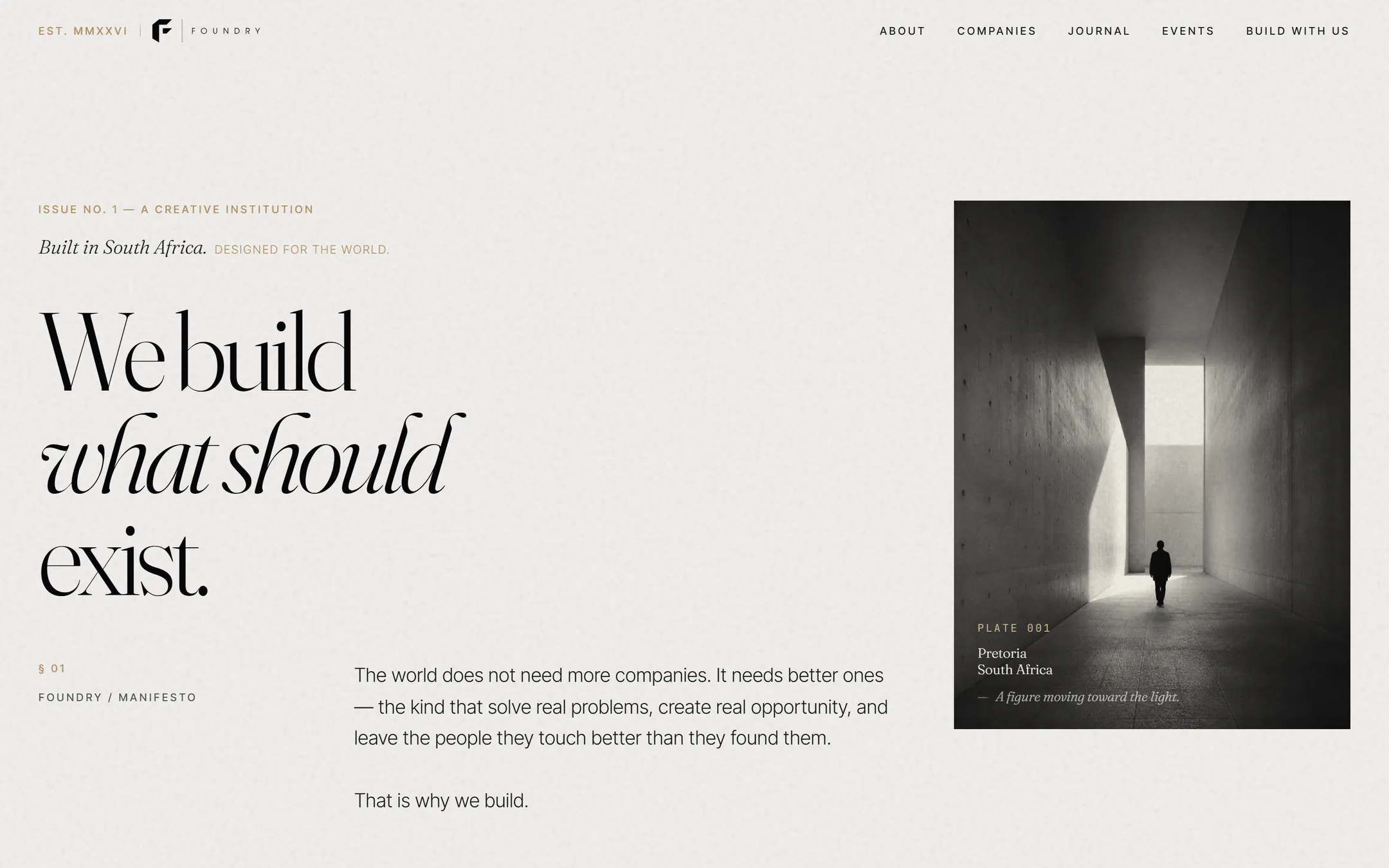 The Foundry homepage — the headline “We build what should exist” beside an archival plate of a concrete corridor.