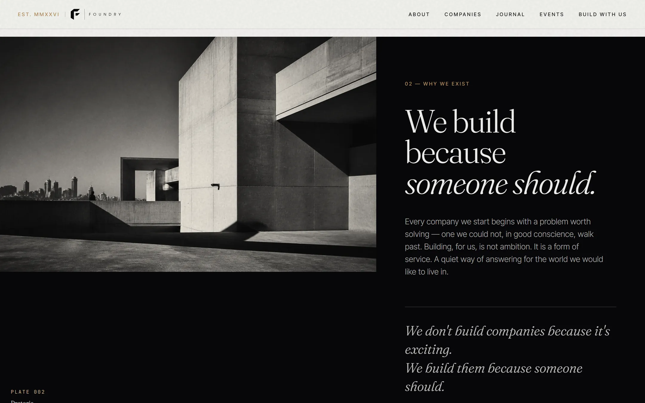Foundry’s “Why we exist” section — a full-bleed concrete photograph against an ink field.