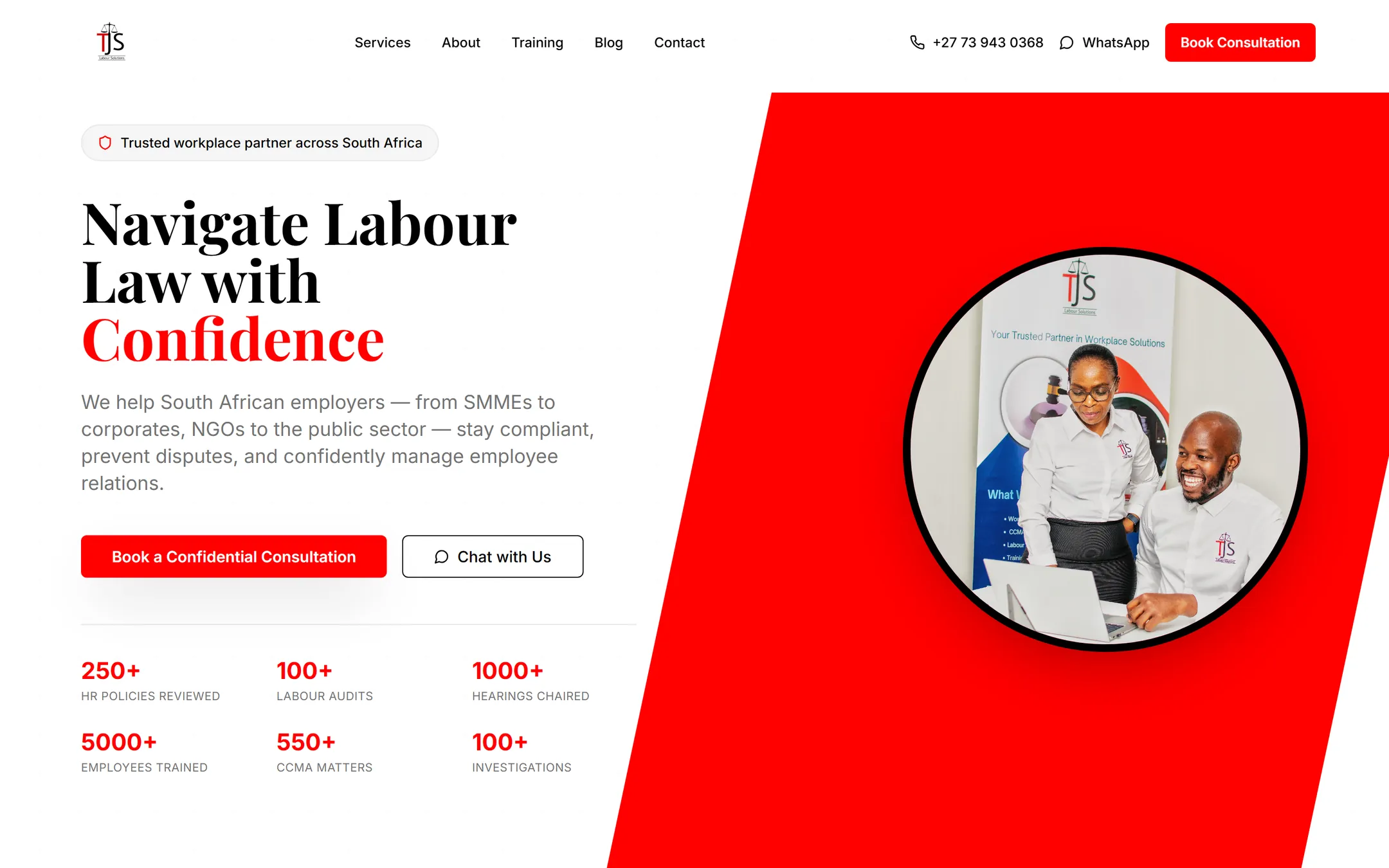 TJS Labour Solutions homepage — “Navigate Labour Law with Confidence” above the casework figures, beside a portrait of the team.